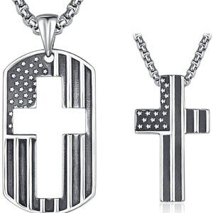 American Flag Cross Necklace for Couples Sterling Silver Patriotic Cross Dog Tag